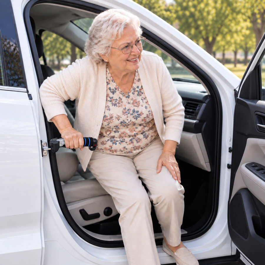 A smiling older woman pushes herself up and out of a car using the Renva handle