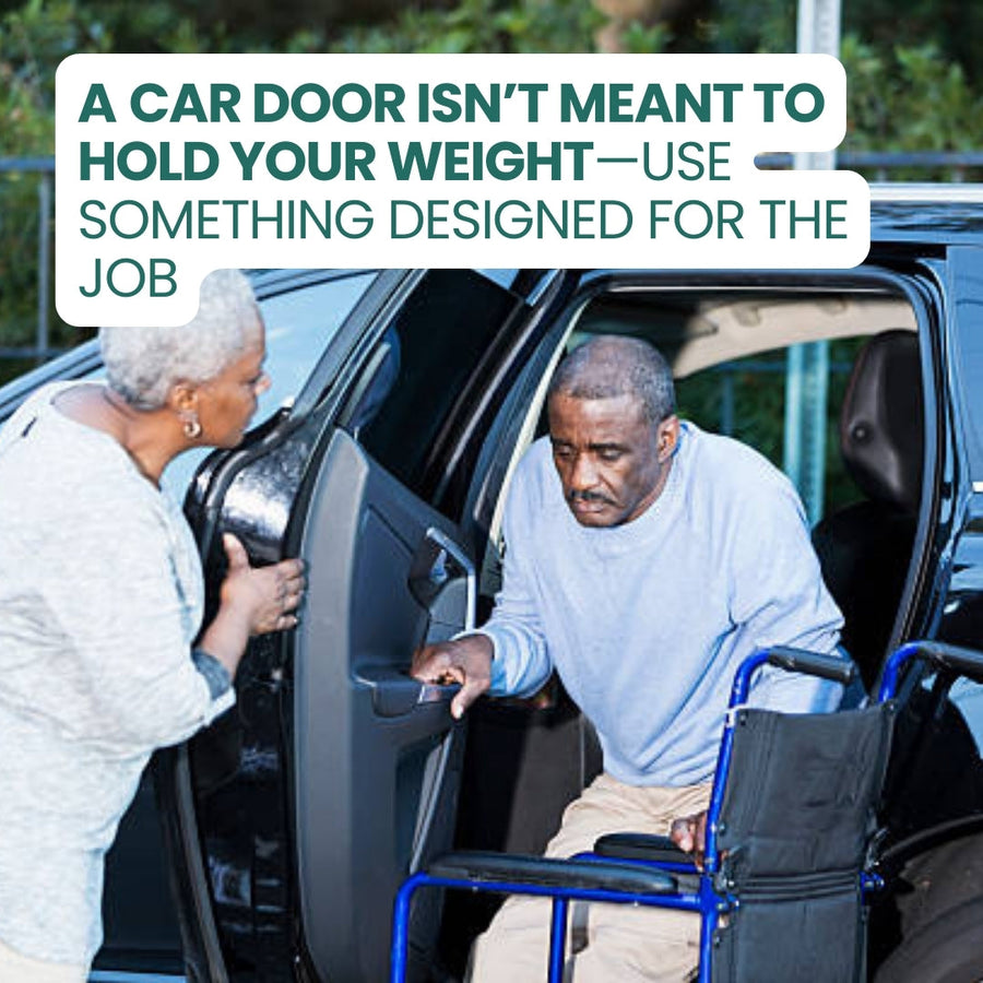 An older man steadies himself on a swinging car door while his wife holds it and a wheelchair waits