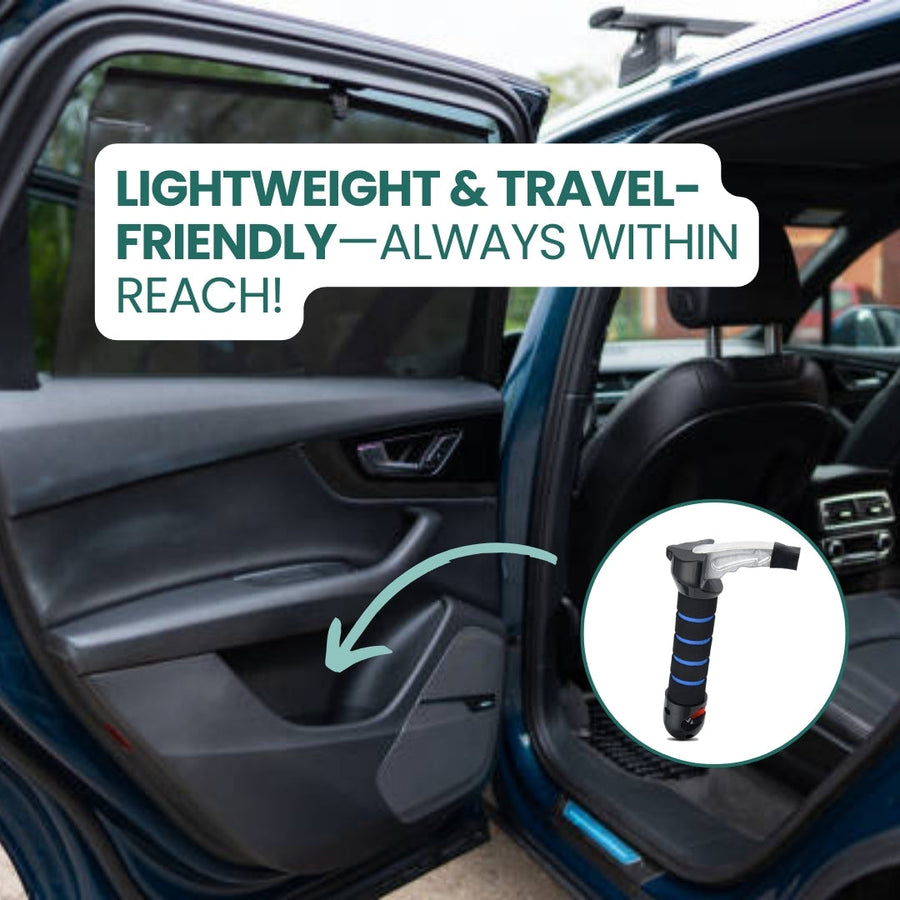 The Renva handle stored in a car's rear door pocket, always within reach