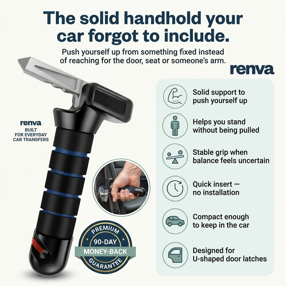The Renva car door support handle: solid support to push yourself up, helps you stand without being pulled, stable grip, quick insert, compact enough to keep in the car, designed for U-shaped door latches